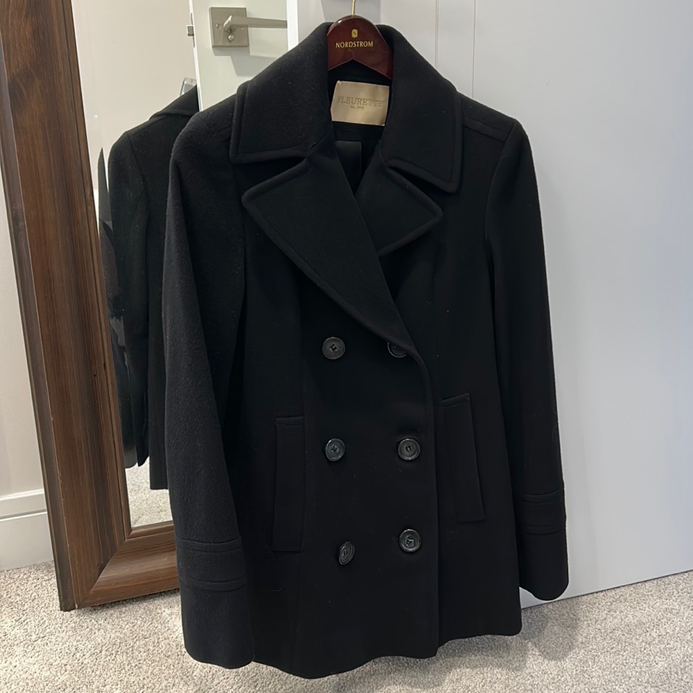 Fleurette black pea coat, size 4. 100% Italian wool fabric by Loro Piana!